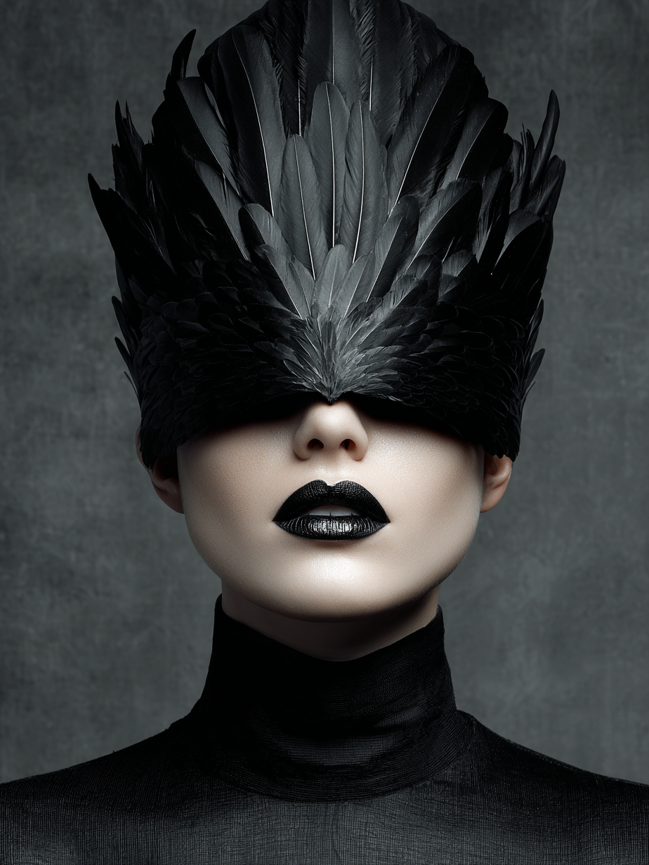 Volledige weergave van Zwartveer, expressief portret met contrastrijke tinten en serene uitstraling