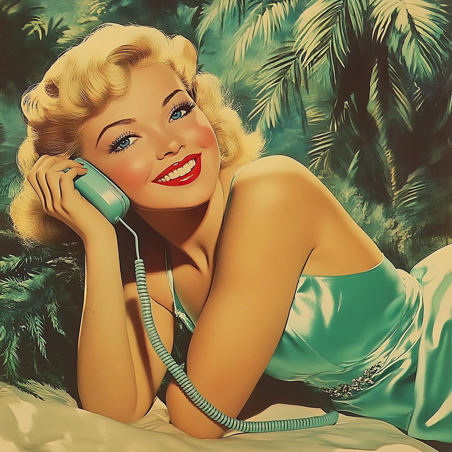 Volledige weergave van ZwoeleBlik_Telefoontik, retro vrouw met telefoon en tropische achtergrond