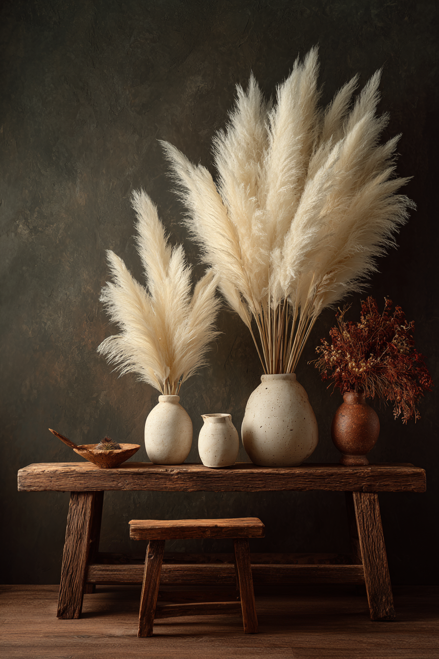 Volledige afbeelding van het kunstwerk met pampasgras, keramiek en warme natuurlijke kleuren tegen een diepe donkere achtergrond.