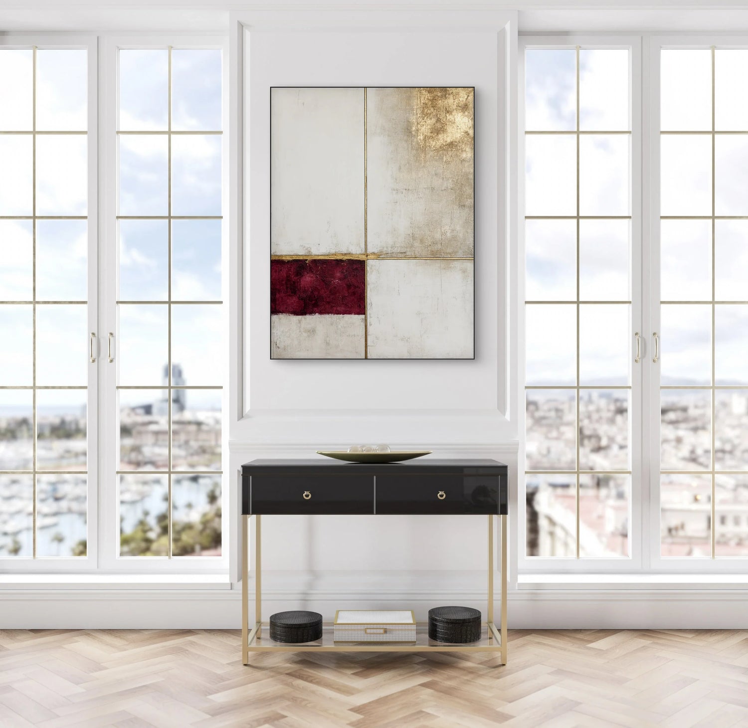 Abstracte wanddecoratie met rood, wit en goud boven elegant zwart dressoir met uitzicht op stad, collectie Artivel’s Favorieten met geselecteerde topkunstwerken.