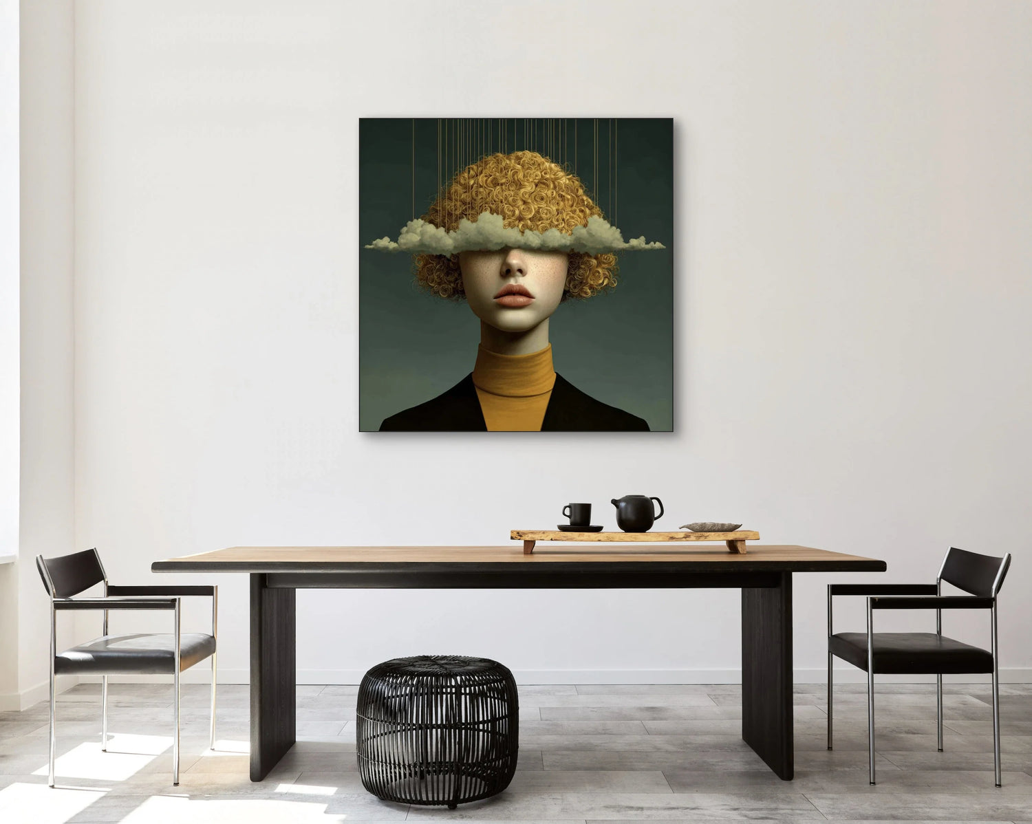 Kunstzinnig portret met wolken en gouden haar boven moderne eettafel, collectie Arti Icons met iconische en expressieve portretten.
