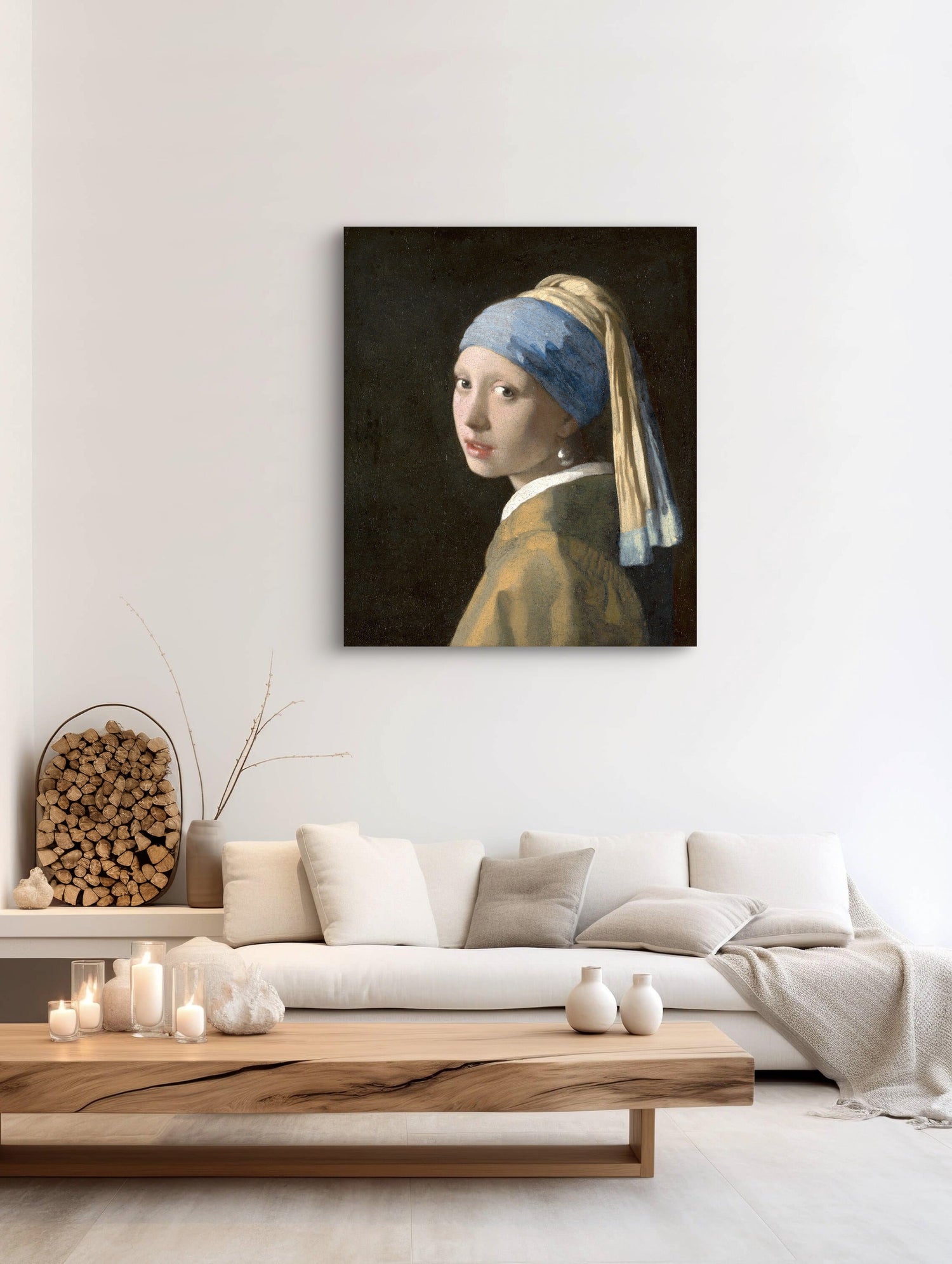 Klassiek schilderij Meisje met de Parel in modern interieur met natuurlijke tinten, collectie Oude Meesters met tijdloze kunstwerken.