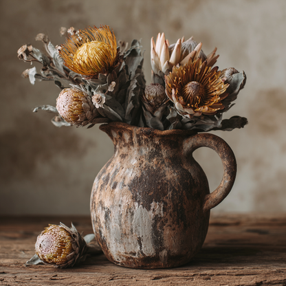 Volledig kunstwerk Aardebloei met aardse kruik en gele bloemen in natuurlijke tinten 
