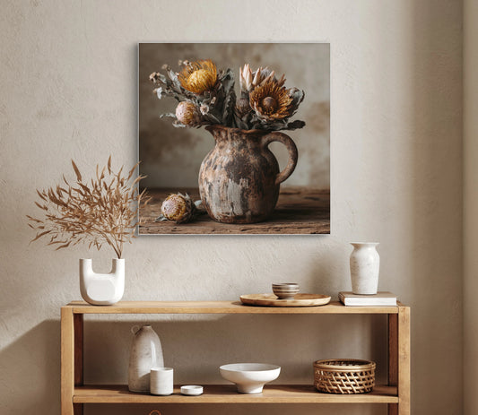 Mock-up van kunstwerk Aardebloei aan de muur boven houten wandrek met keramiek 
