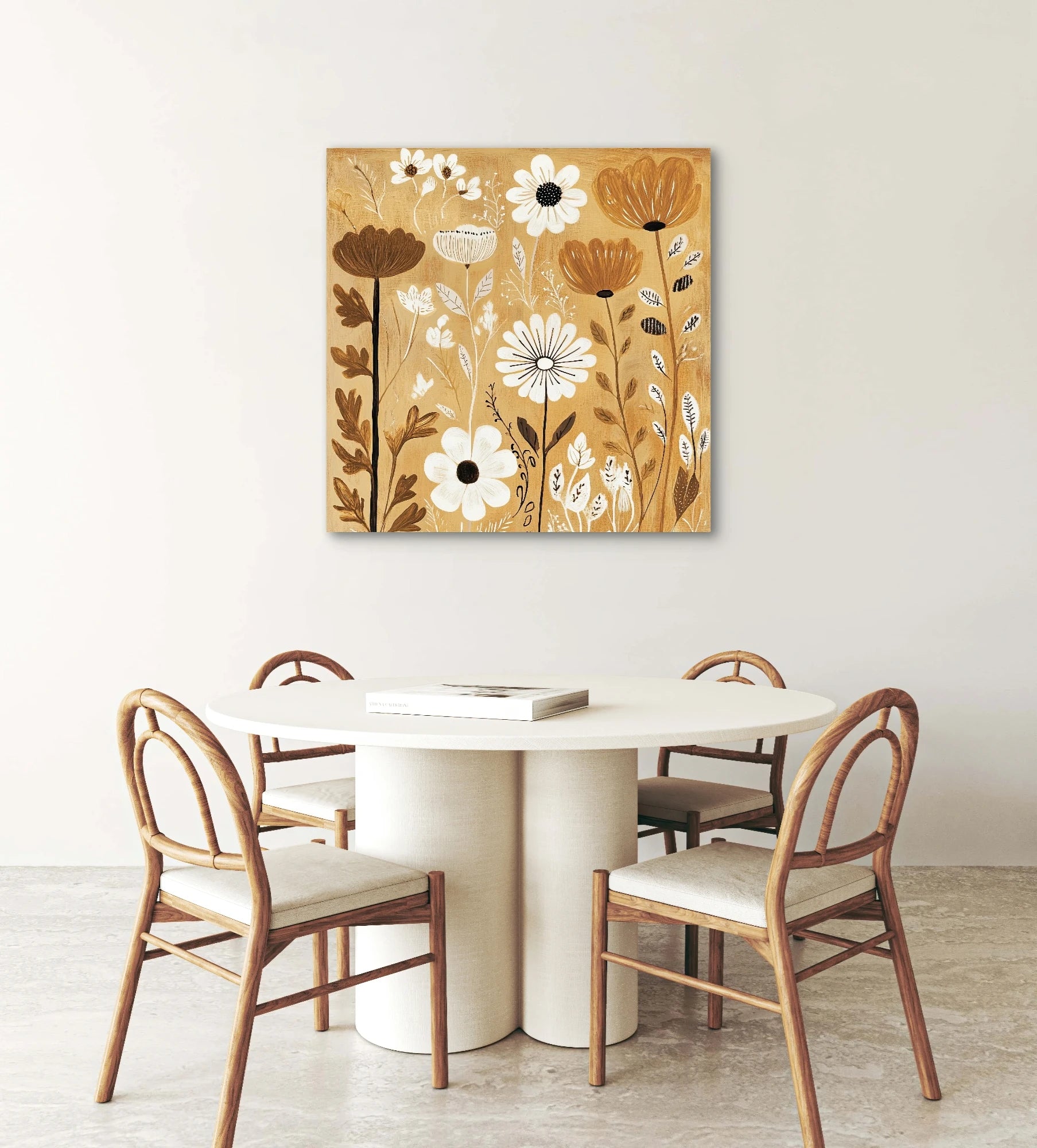 Wandkunst met gestileerde bloemen in beige interieur met ronde tafel en houten stoelen
