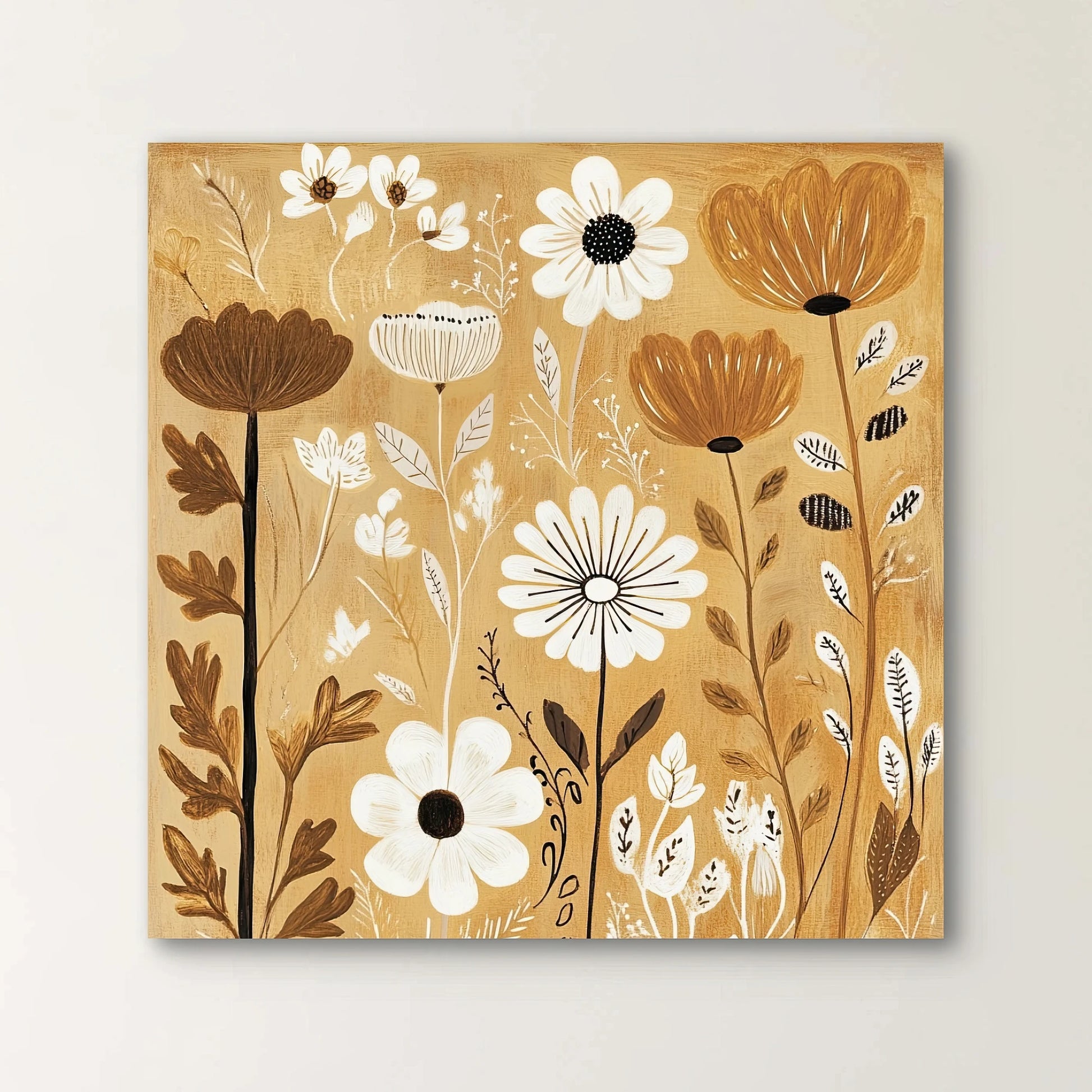 Detail van bloemen in wit en bruin met grafische lijnen en warme achtergrond
