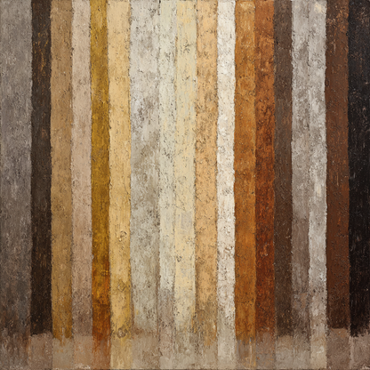 Volledige weergave van abstract kunstwerk Aardecho in warme bruin- en zandkleuren met verticale compositie
