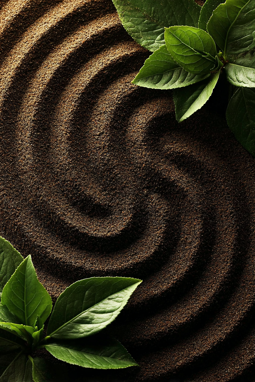 Aardegroeven, kunstwerk met organische zandlijnen en groene bladeren
