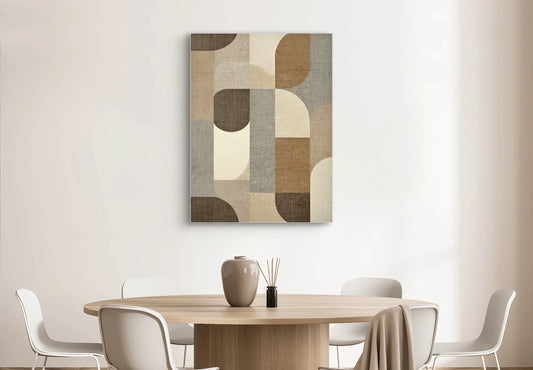 Abstract kunstwerk met aardetinten boven ronde eettafel in modern interieur
