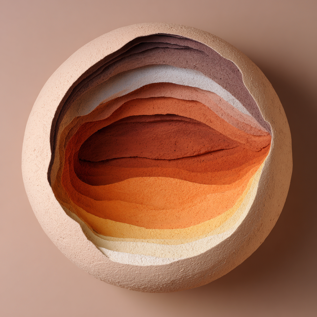 Abstract kunstwerk Aardelaag met ronde vormen en warme lagen in beige, oranje en bruine tinten.
