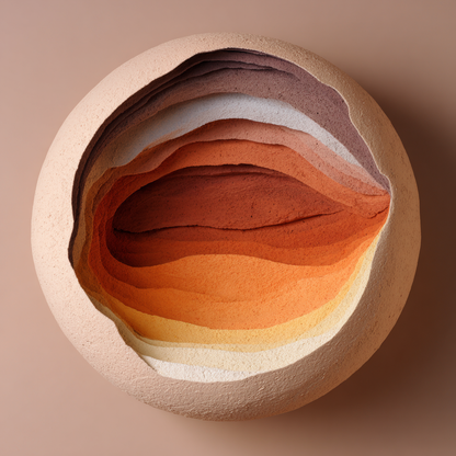 Abstract kunstwerk Aardelaag met ronde vormen en warme lagen in beige, oranje en bruine tinten.
