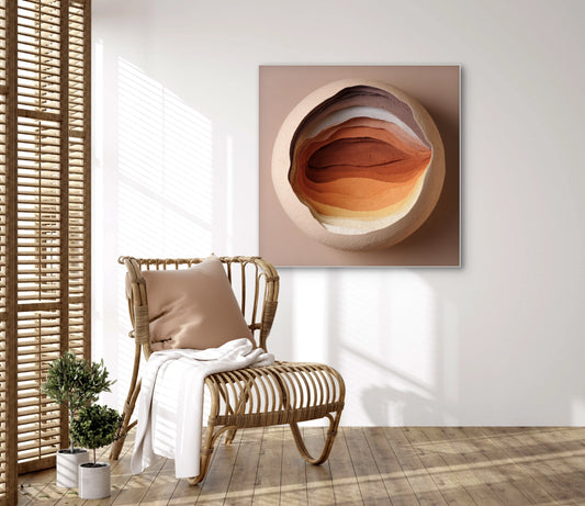 Kunstwerk Aardelaag boven een rotan stoel in een licht interieur met houten vloer en natuurlijke accenten.
