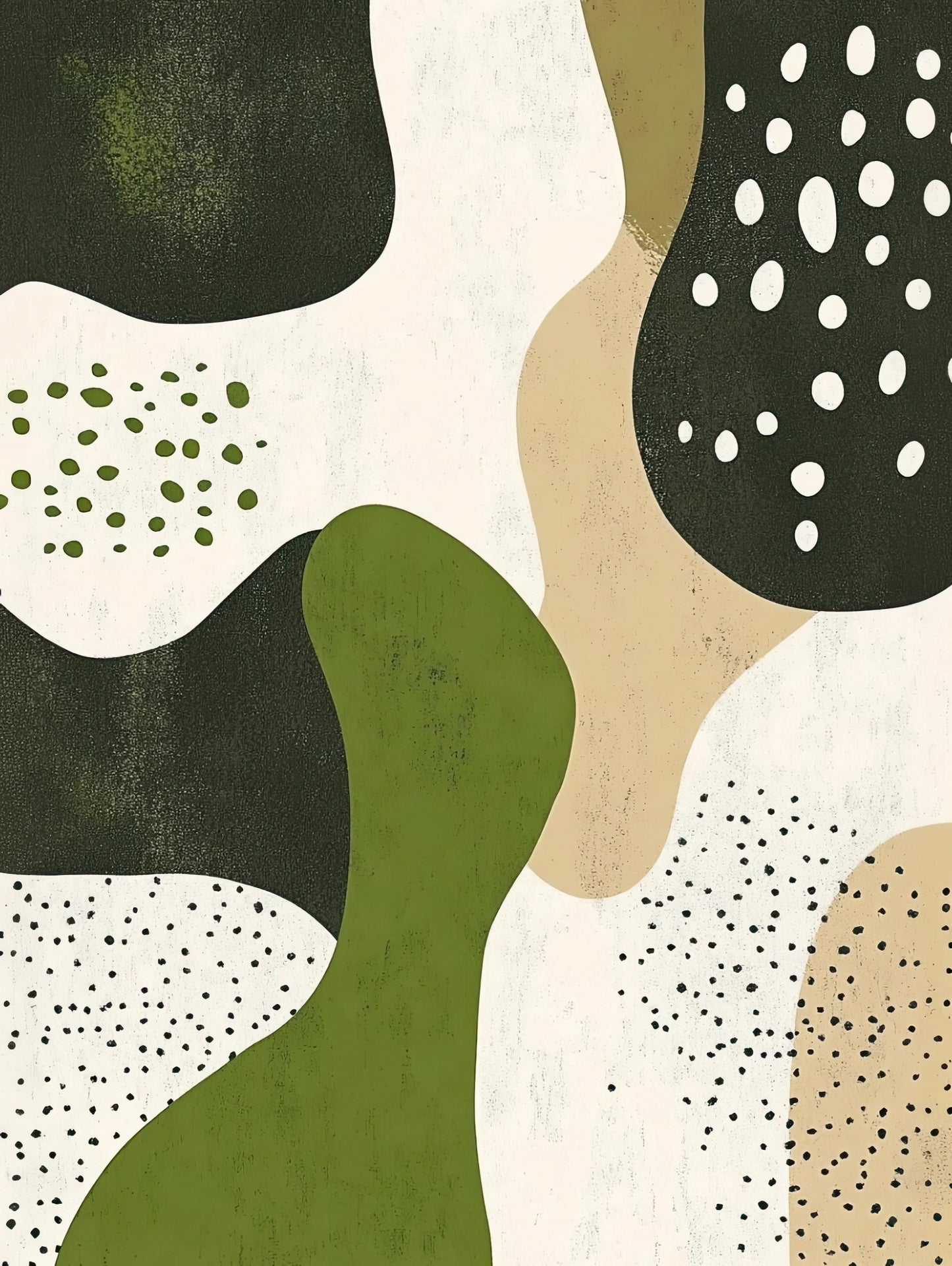 Volledig kunstwerk met organische abstracte vormen in groen, beige en zwart op warm witte achtergrond