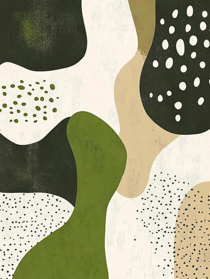 Volledig kunstwerk met organische abstracte vormen in groen, beige en zwart op warm witte achtergrond