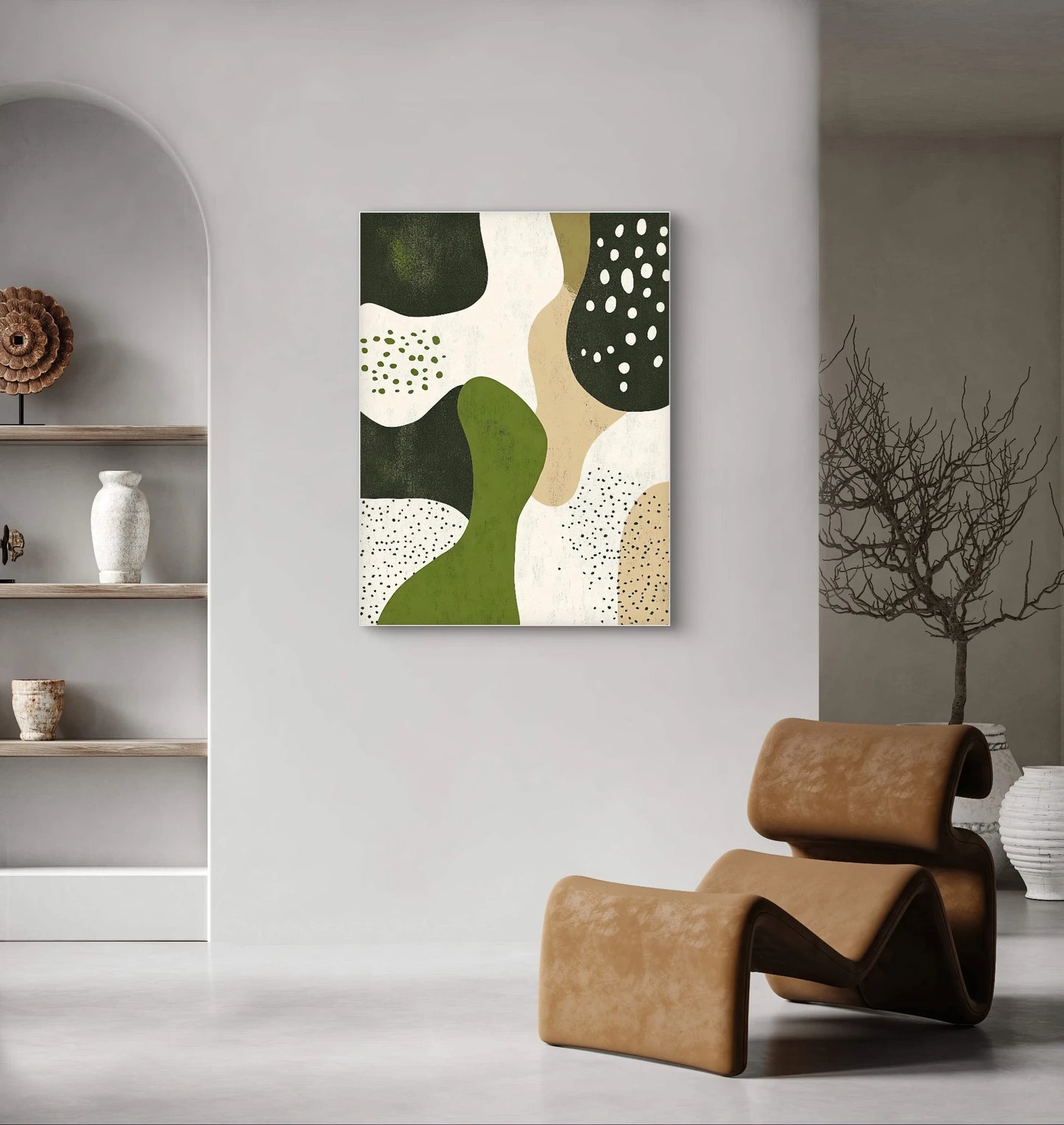 Moderne abstracte wanddecoratie met organische vormen in aardetinten, zandkleur en olijfgroen