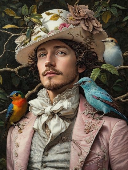 Volledig kunstwerk van een man in roze jas met bloemenhoed en drie exotische vogels
