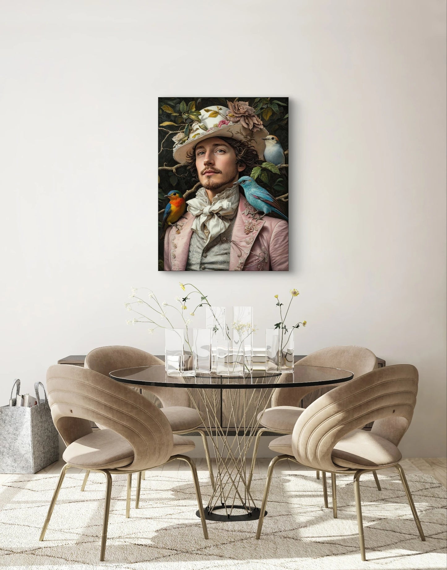 Adellijke Vogelzang als wanddecoratie boven een ronde eettafel met beige stoelen

