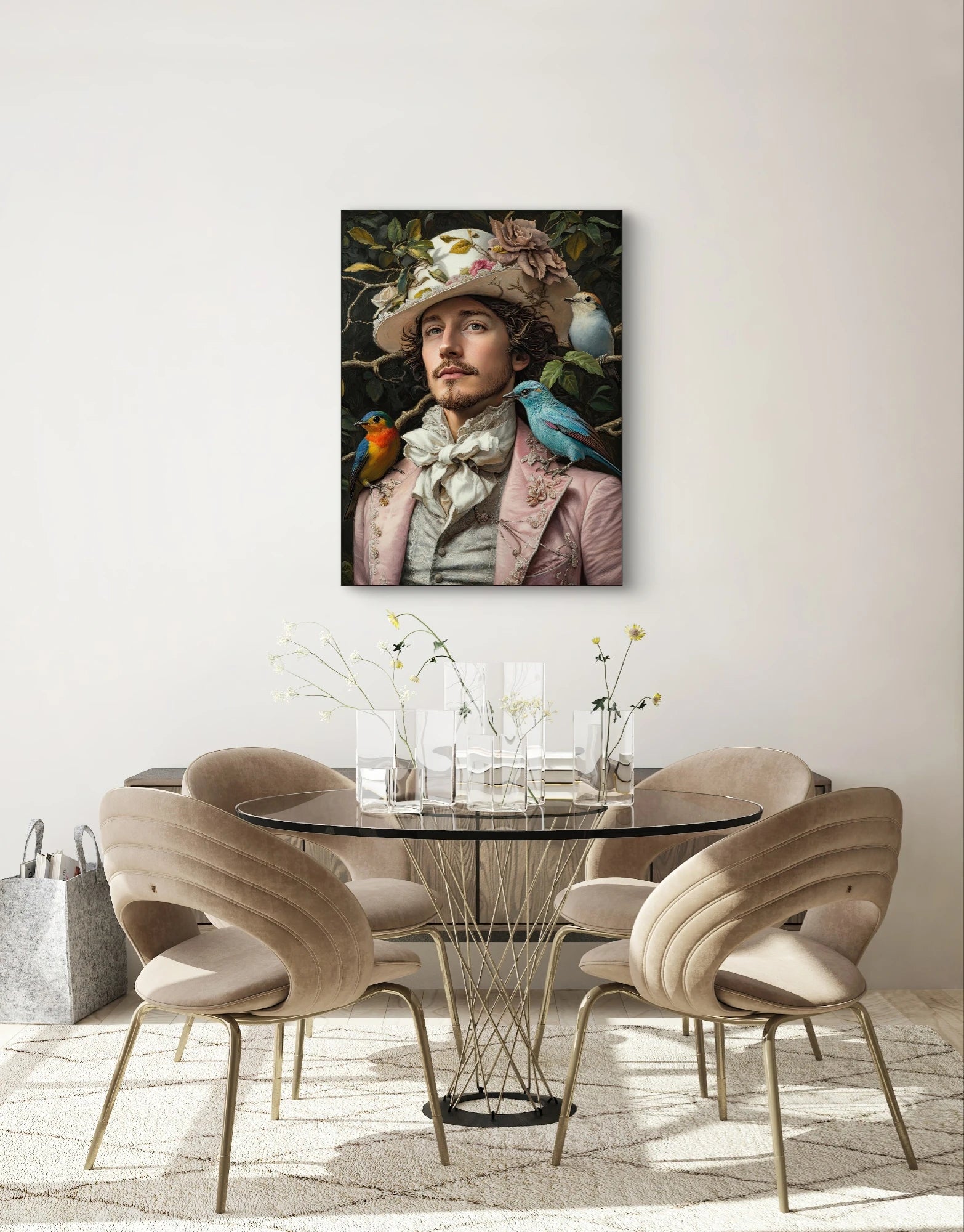 Adellijke Vogelzang als wanddecoratie boven een ronde eettafel met beige stoelen

