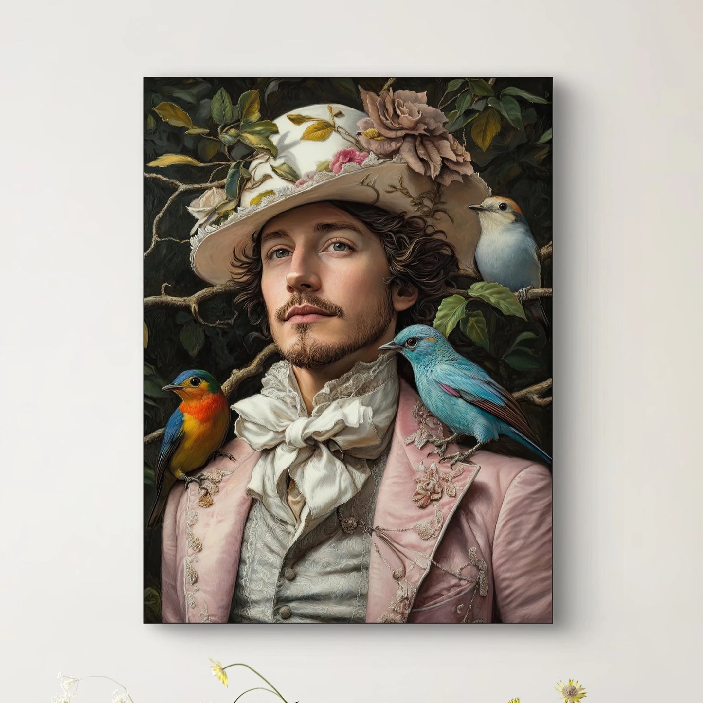 Detail van het gezicht met hoed en kleurrijke vogels op de schouder
