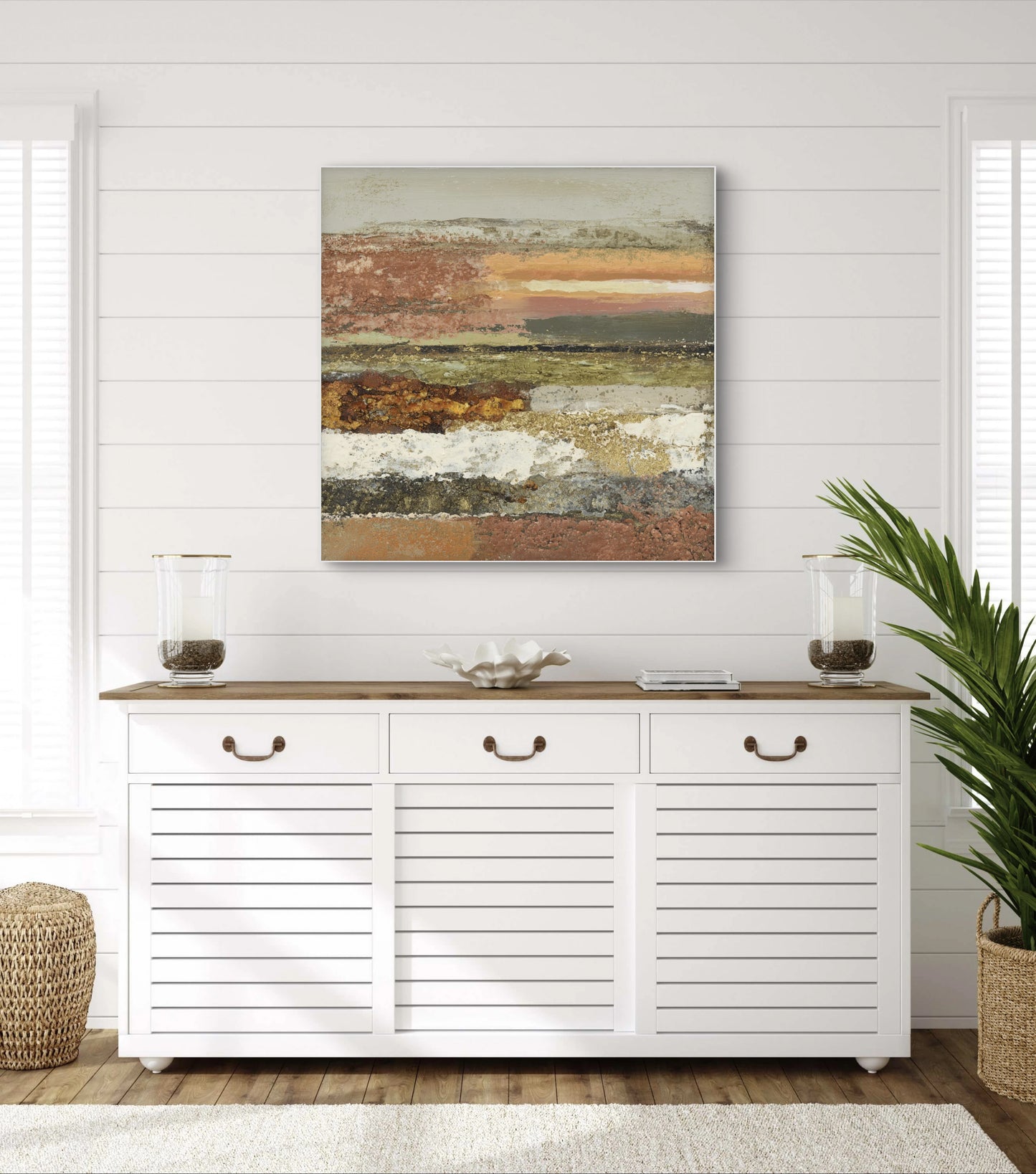 Mock-up van kunstwerk Adem van Aarde boven witte kast in lichte kamer met natuurlijke accenten 
