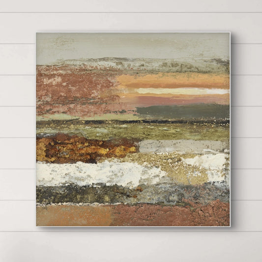 Detailopname van kunstwerk Adem van Aarde met gelaagde aardetinten en texturen 
