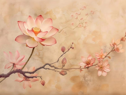 Volledig textielkunstwerk met schilderachtige bloesemtakken in pastelkleuren op een zachte achtergrond
