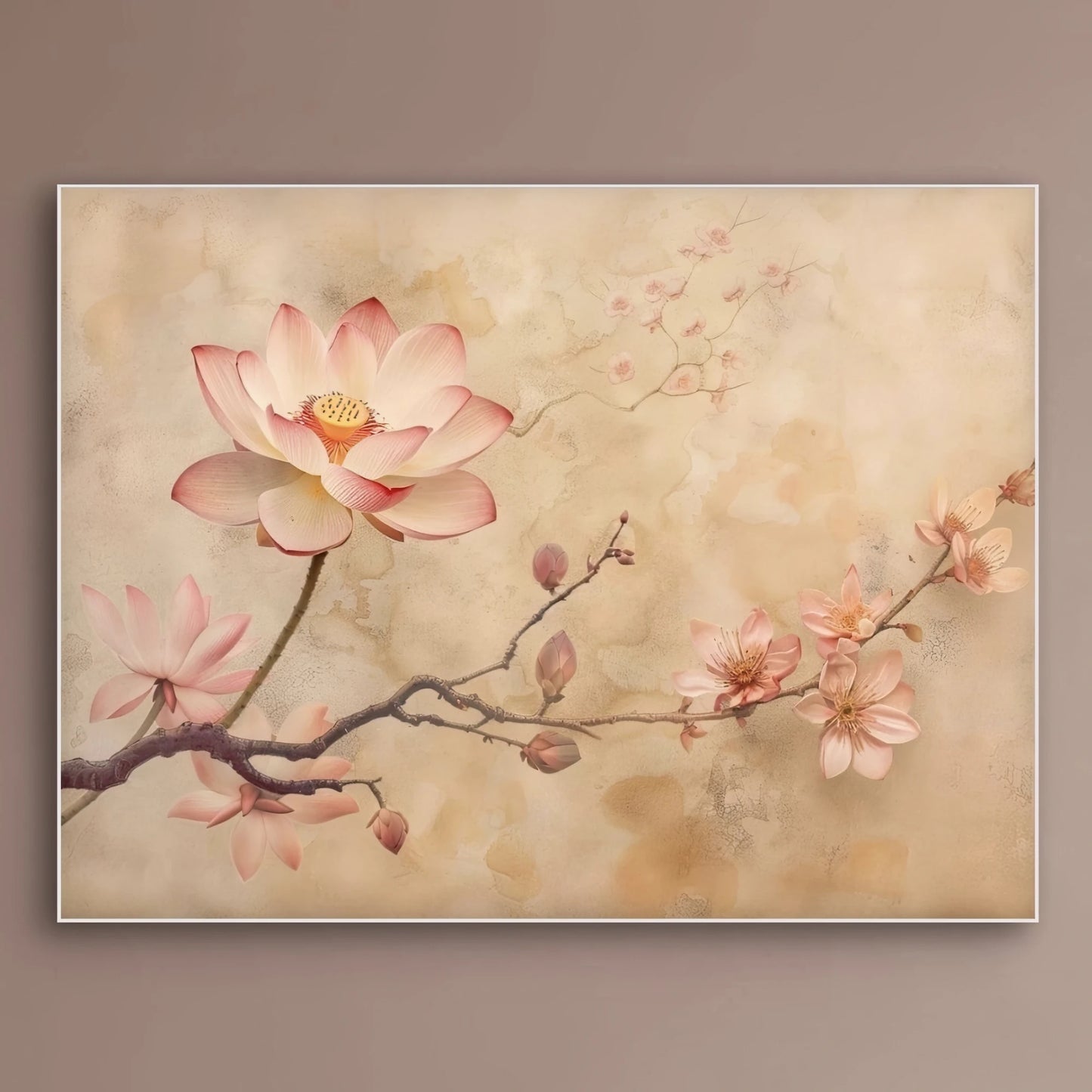 Detail van kunstwerk met verfijnde roze bloesems op een tak tegen een warme beige achtergrond
