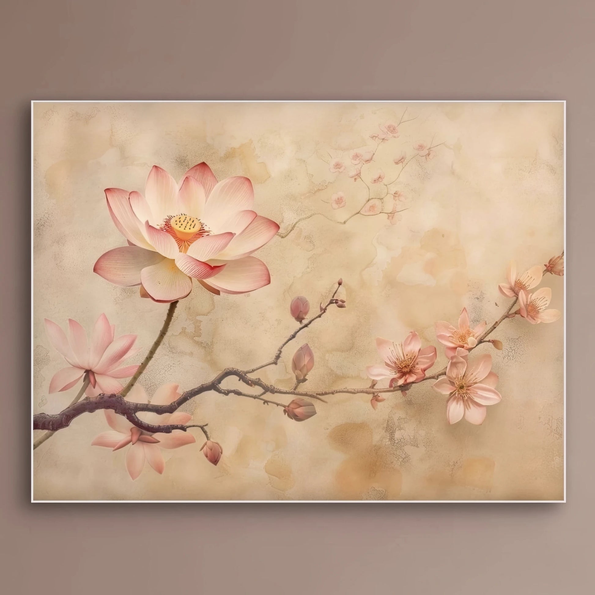 Detail van kunstwerk met verfijnde roze bloesems op een tak tegen een warme beige achtergrond
