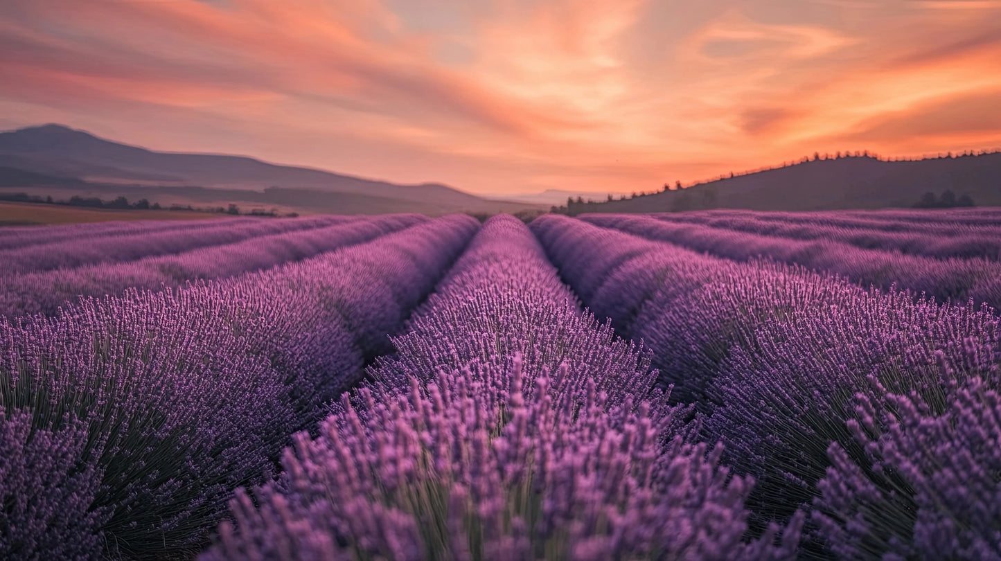 Volledig kunstwerk met rijen lavendel en zonsondergang in tinten paars, roze en oranje
