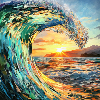 Volledig textielkunstwerk met golvende oceaan in felle kleuren en zonsondergang aan de horizon
