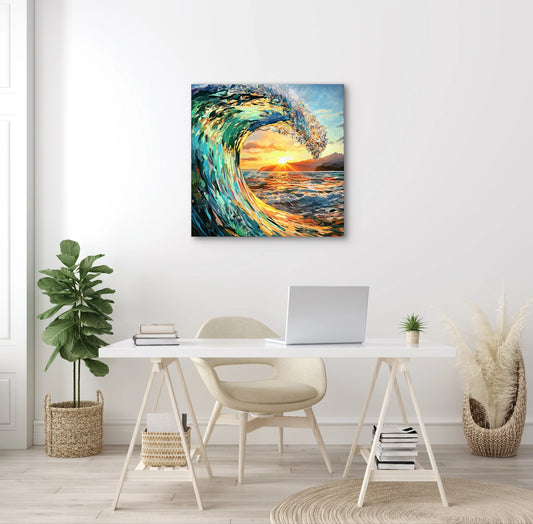 Textielkunstwerk met kleurrijke golf en zonsondergang, hangend boven een wit bureau met beige stoel in licht interieur
