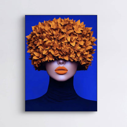 Detail van Amberbloom met vrouw in blauw en bloemenhoed in warme oranje tinten
