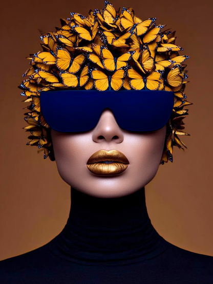 Volledige weergave van Aurafly met vrouw in donkere kleding en vlinders als kroon
