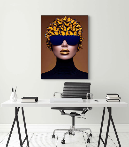 Kunstwerk Aurafly boven modern bureau met zwarte stoel en witte muur
