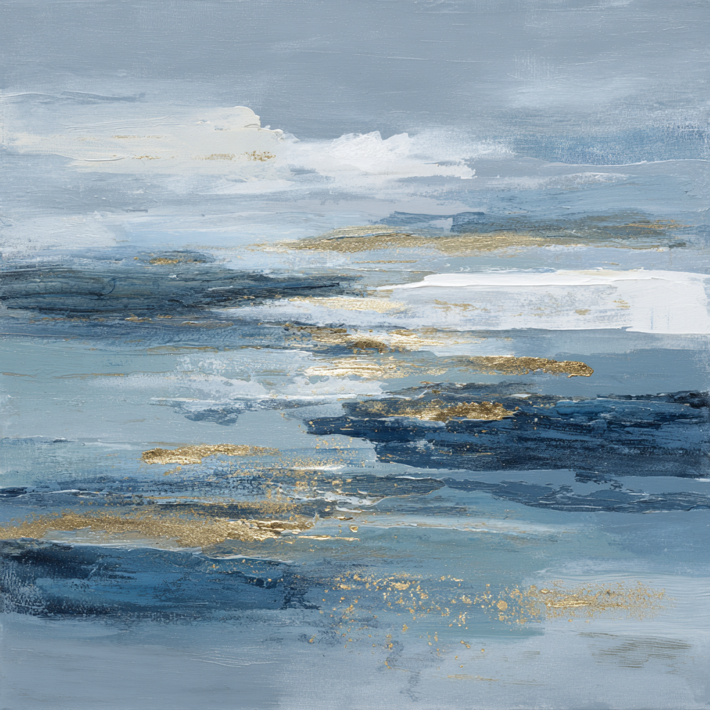 Volledig kunstwerk Aurelais met abstracte compositie van blauw, wit en goud in serene maritieme sfeer 
