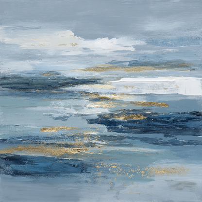 Volledig kunstwerk Aurelais met abstracte compositie van blauw, wit en goud in serene maritieme sfeer 
