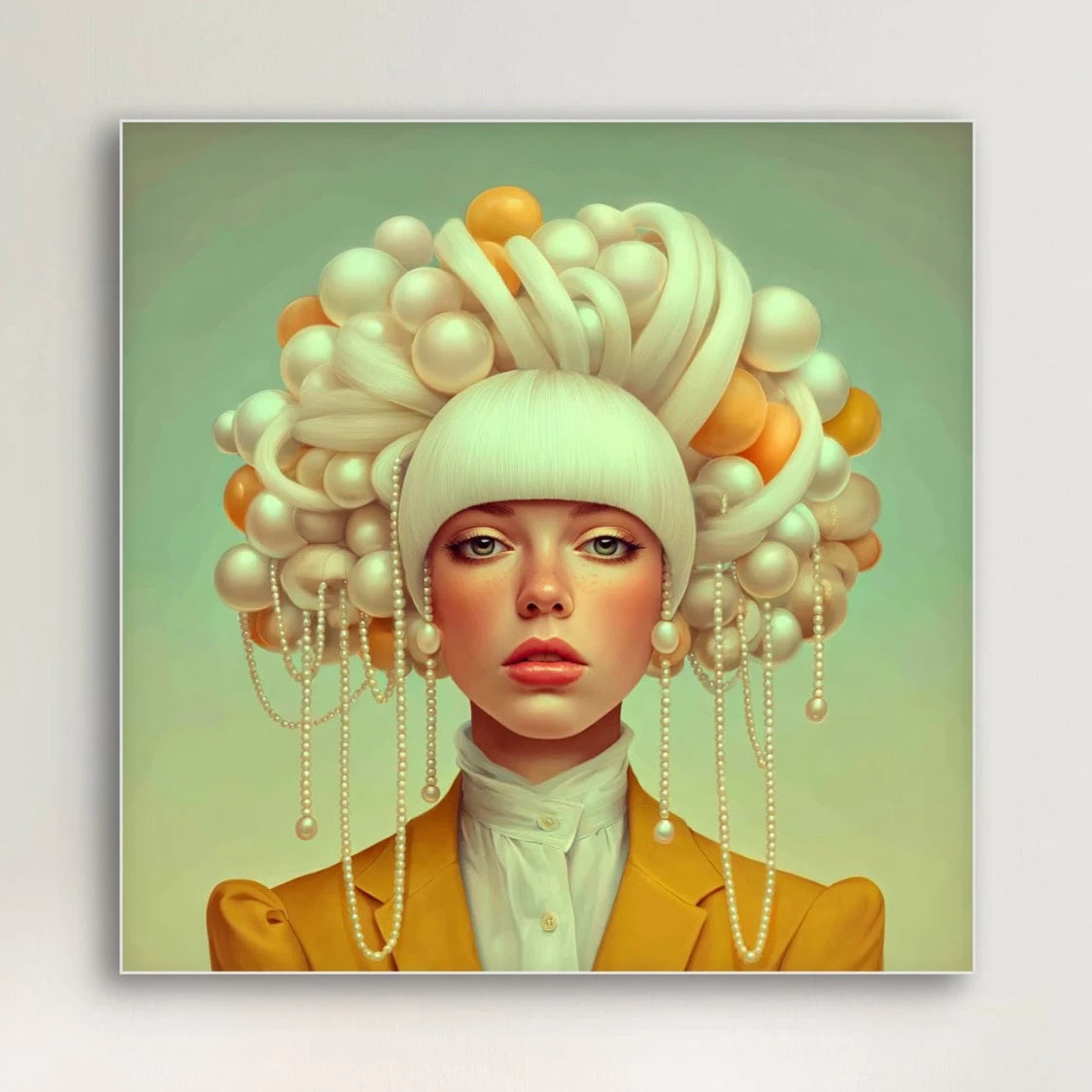 Detail van Aurelina wandkunst met parels, gouden accenten en zachte texturen
