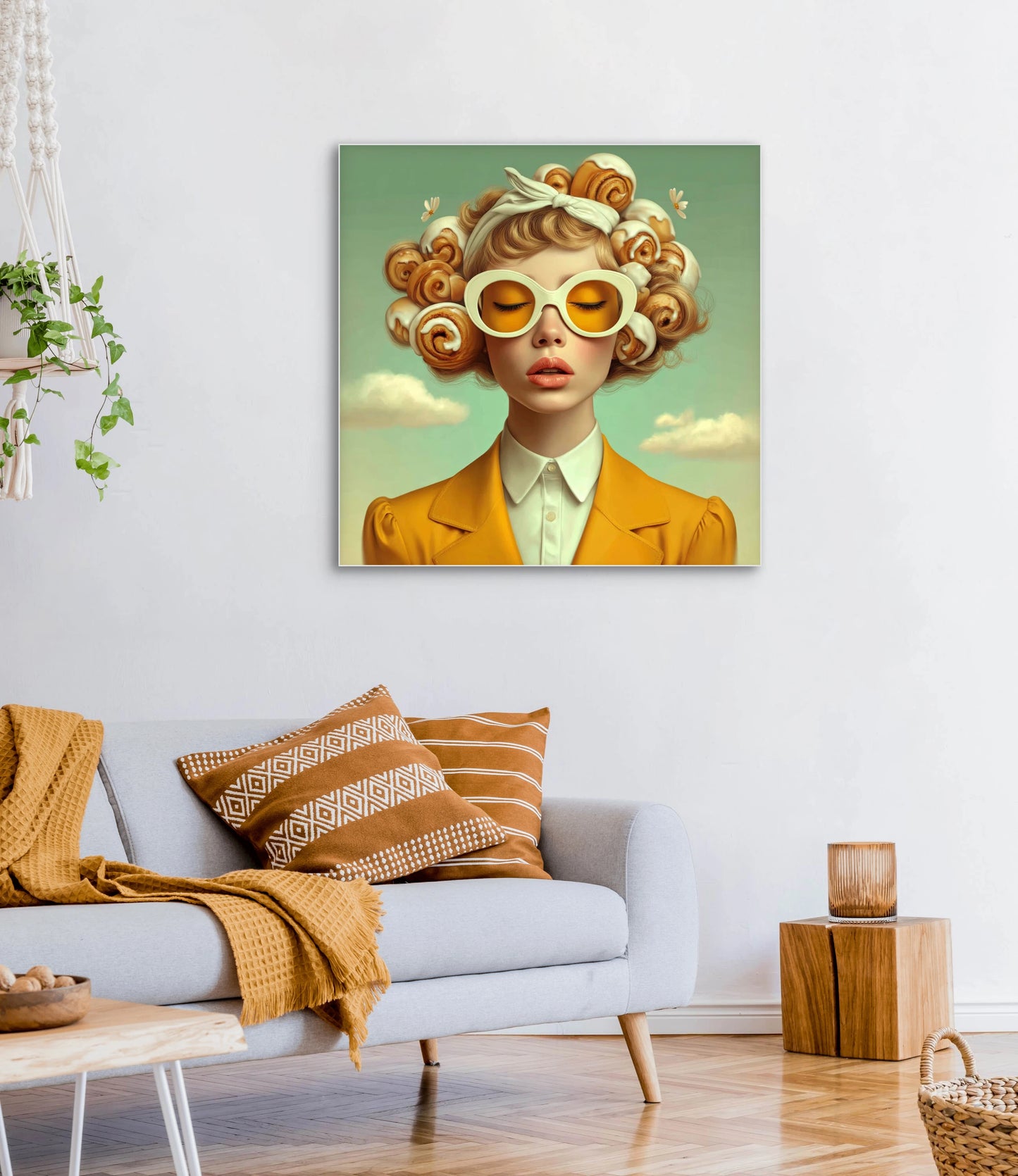 Aurine wandkunst in licht interieur met warme tinten en zomerse uitstraling
