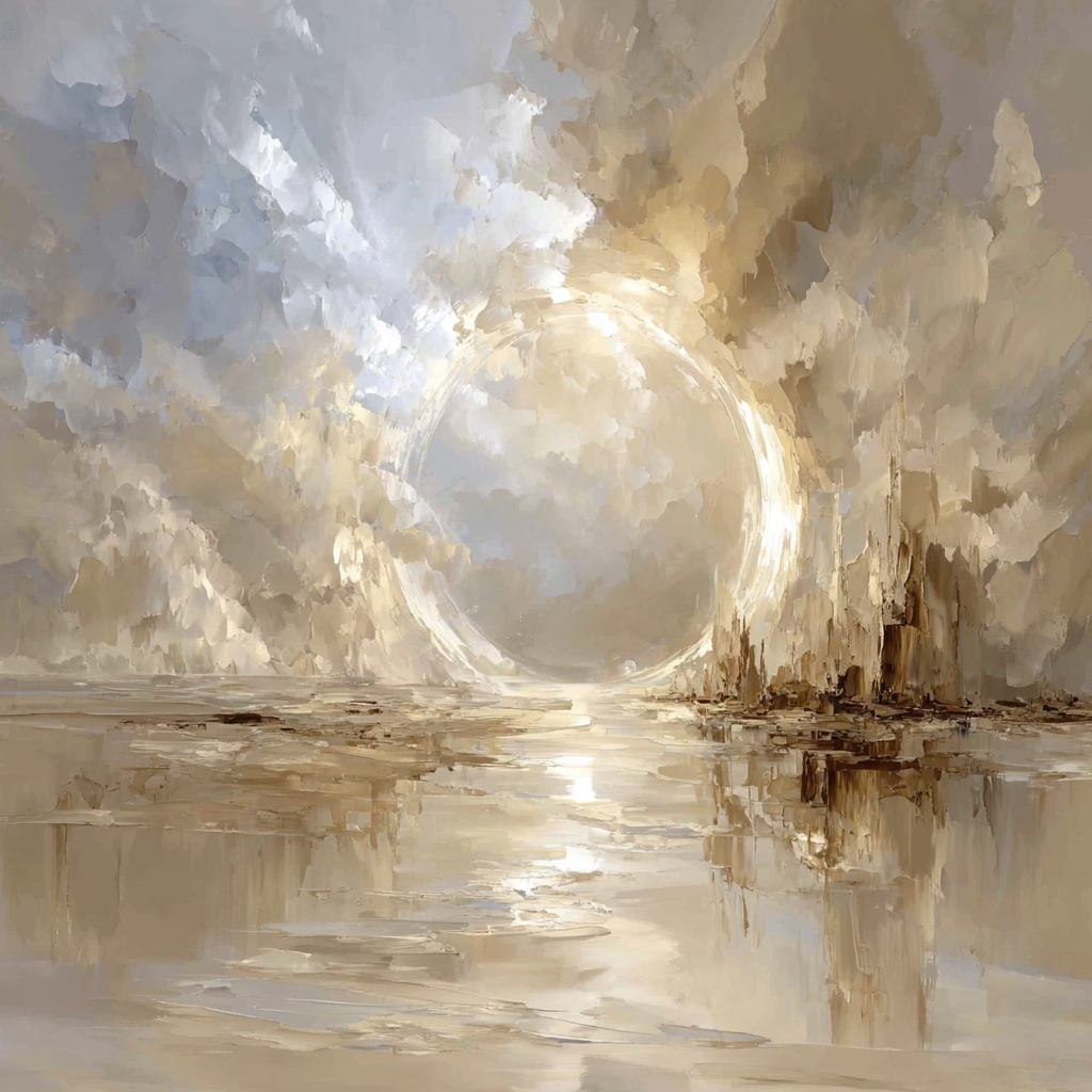 Abstract schilderij met warme beige en goudtinten dat de kracht en zachtheid van licht uitbeeldt
