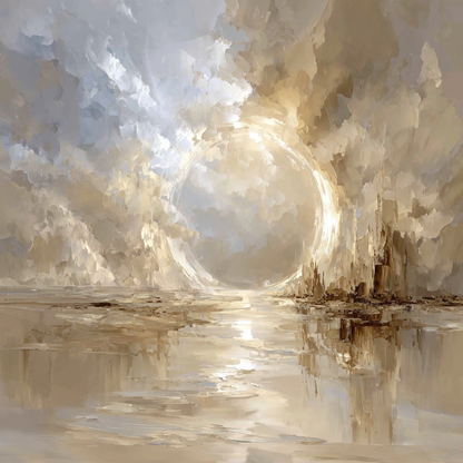 Abstract schilderij met warme beige en goudtinten dat de kracht en zachtheid van licht uitbeeldt
