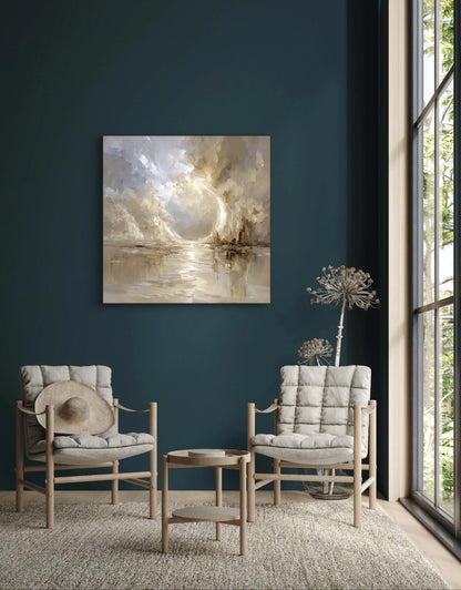 Abstract kunstwerk in zachte beige en goudtinten aan donkergroene muur met twee lichte stoelen
