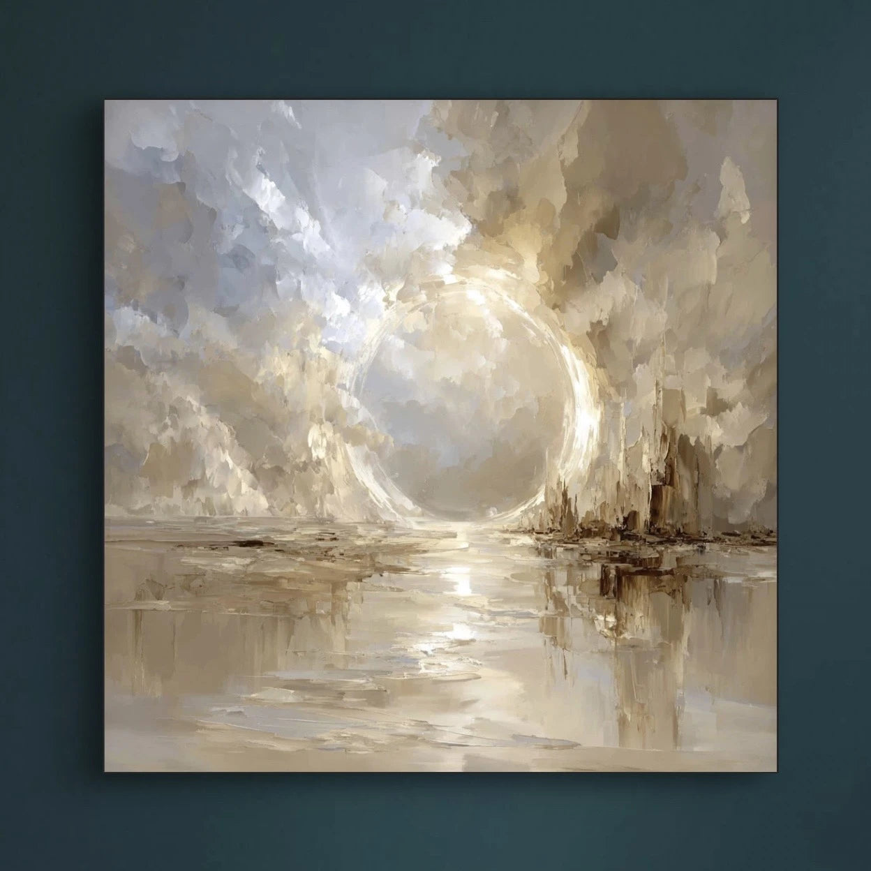 Detail van abstract schilderij met gouden lichtaccenten en subtiele penseelstructuren
