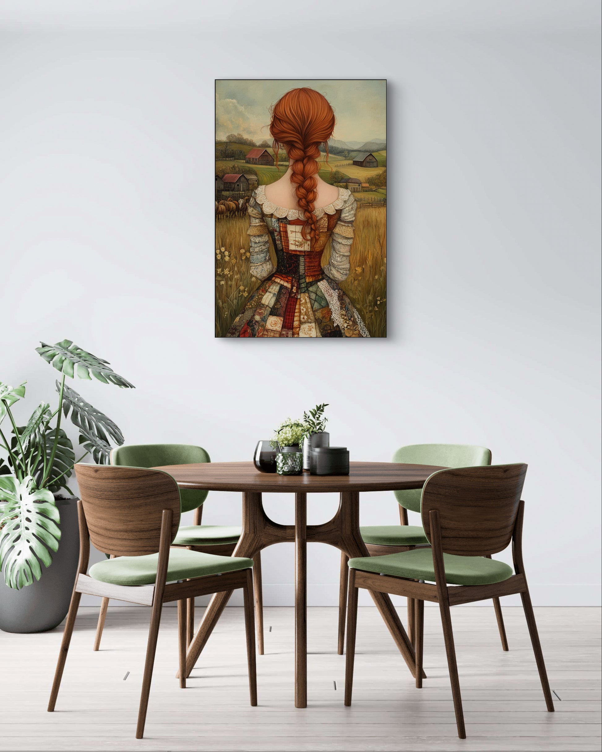 Kunstwerk Autumn Lace aan de muur boven houten eettafel met groene stoelen
