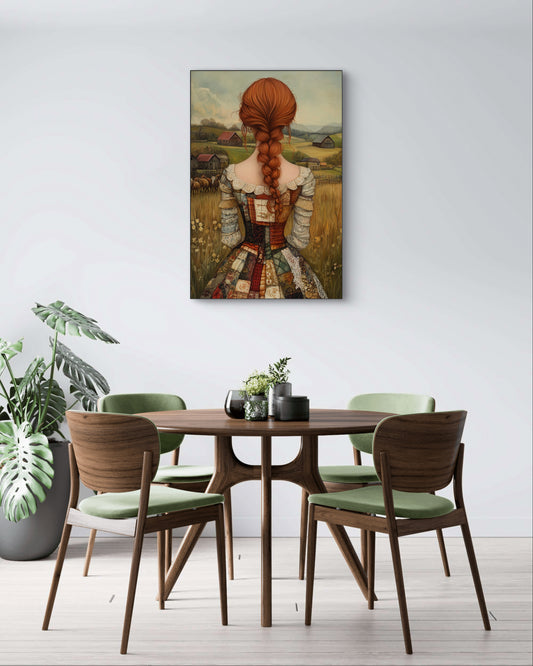Kunstwerk Autumn Lace aan de muur boven houten eettafel met groene stoelen
