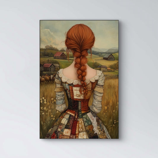 Detail van Autumn Lace met vrouw in rijk versierde jurk en rood haar
