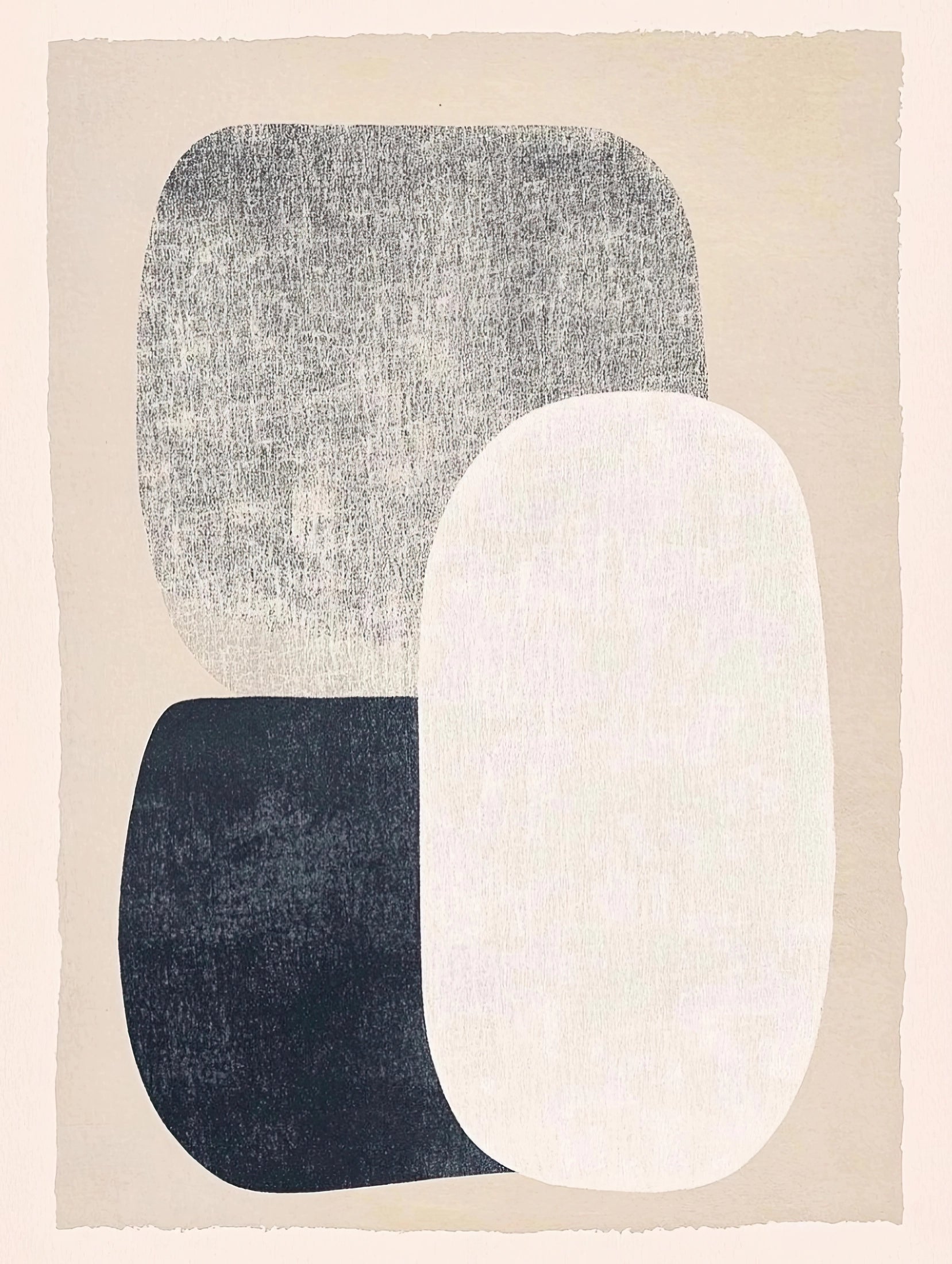 Volledig abstract kunstwerk met drie organische vormen in zwart, wit en naturel
