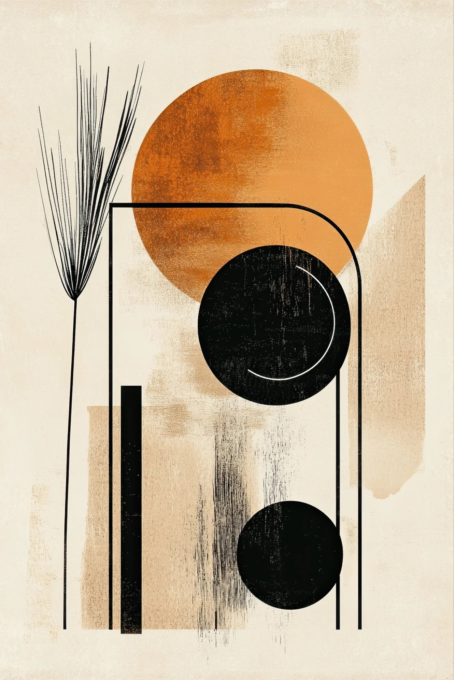 Kunstwerk met abstracte vormen in zwart, oranje en beige in geometrische compositie
