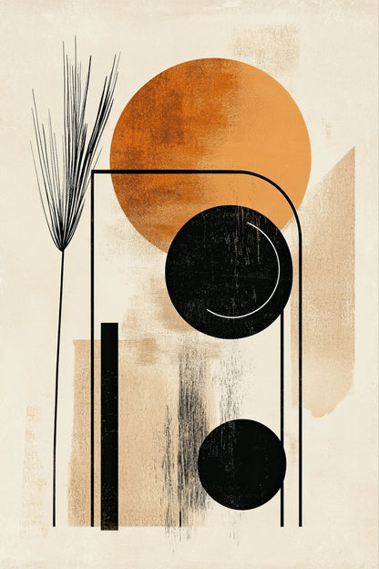 Kunstwerk met abstracte vormen in zwart, oranje en beige in geometrische compositie
