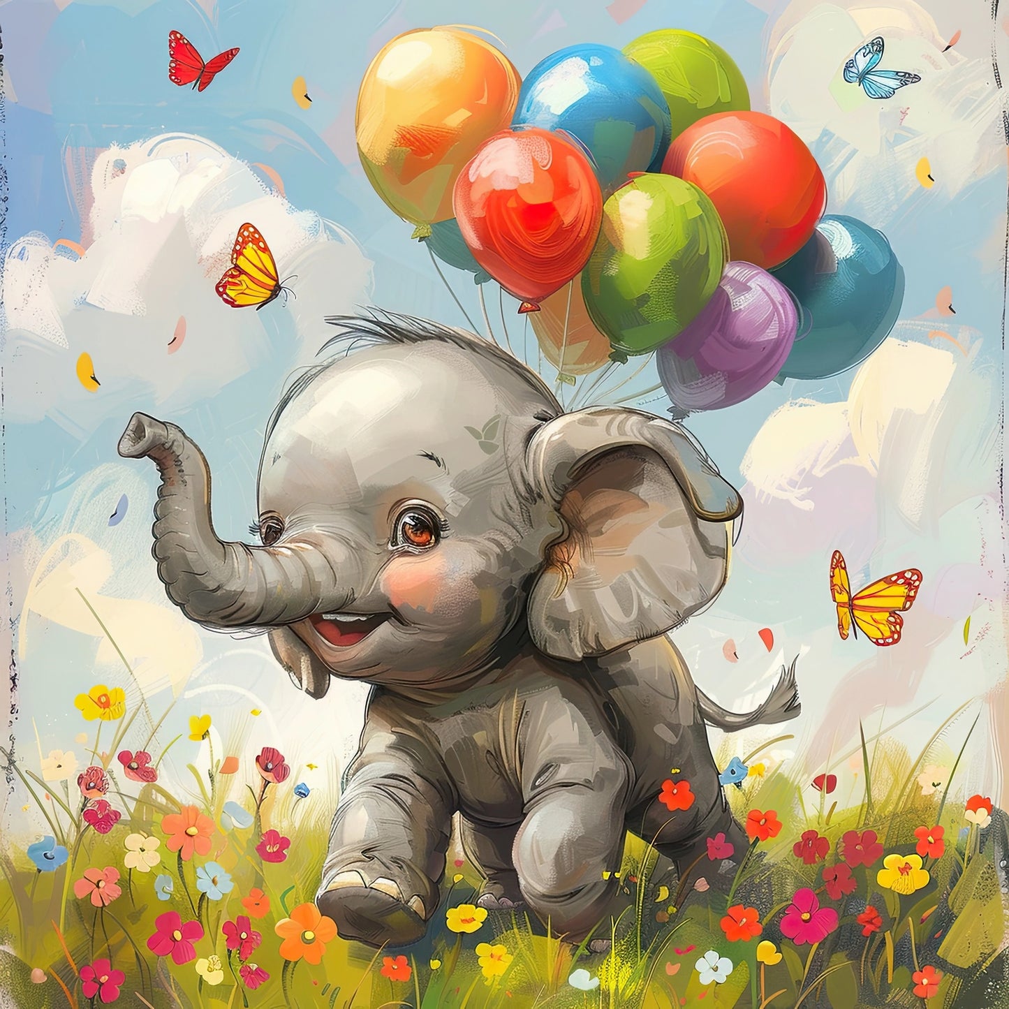 Illustratie van een speelse baby-olifant met ballonnen op de rug in een bloemenveld, met vlinders en wolken op de achtergrond
