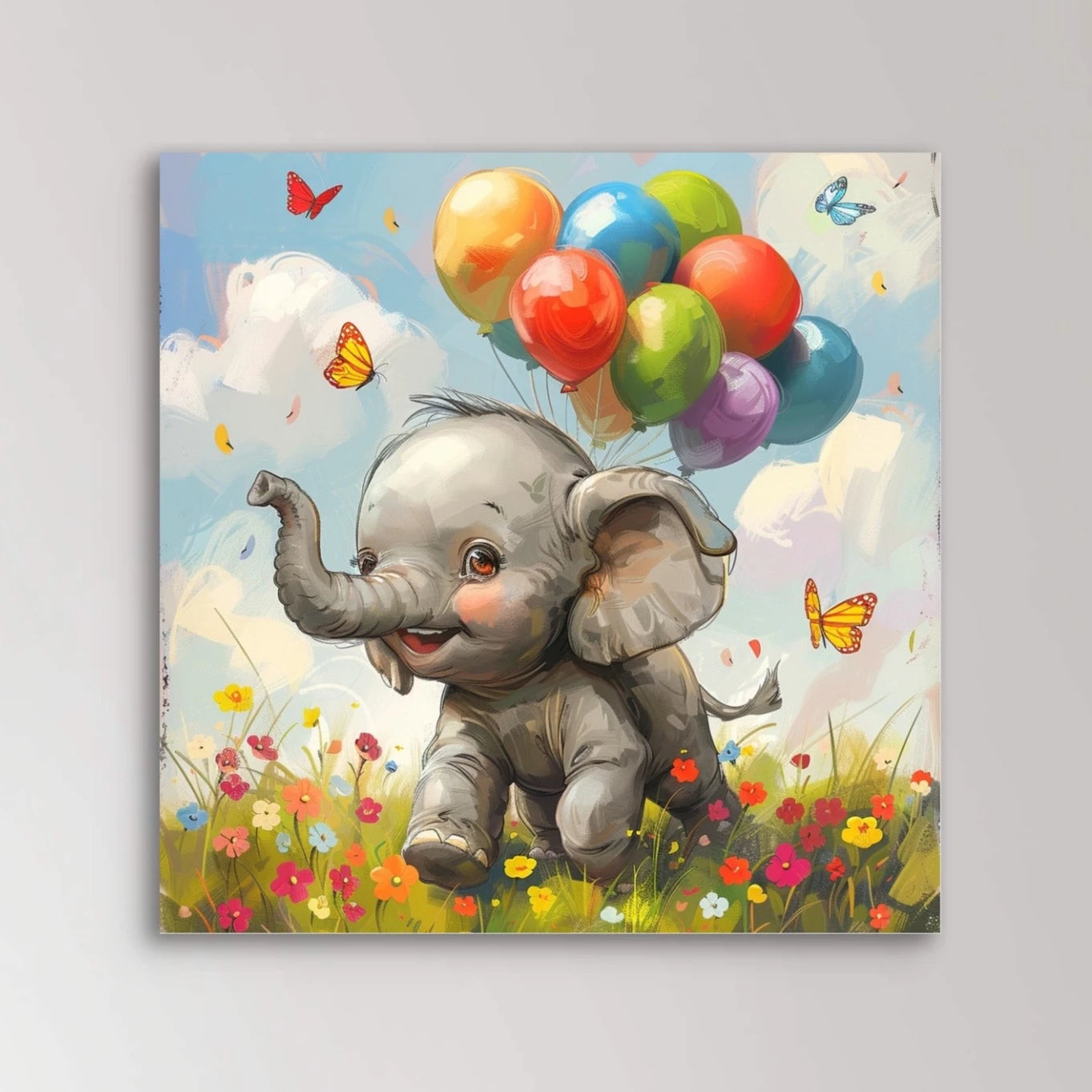 Detail van vrolijke olifant met gekleurde ballonnen, vlinders en bloemen onder een blauwe lucht
